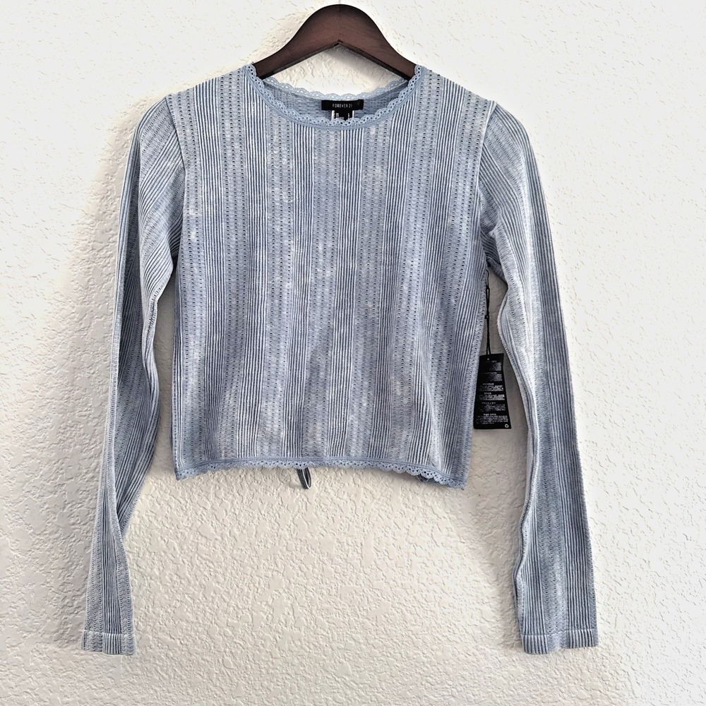 NWT Forever 21 Open Back Ribbed Pointelle Knit Top Lace Trim Dusty Blue Size L